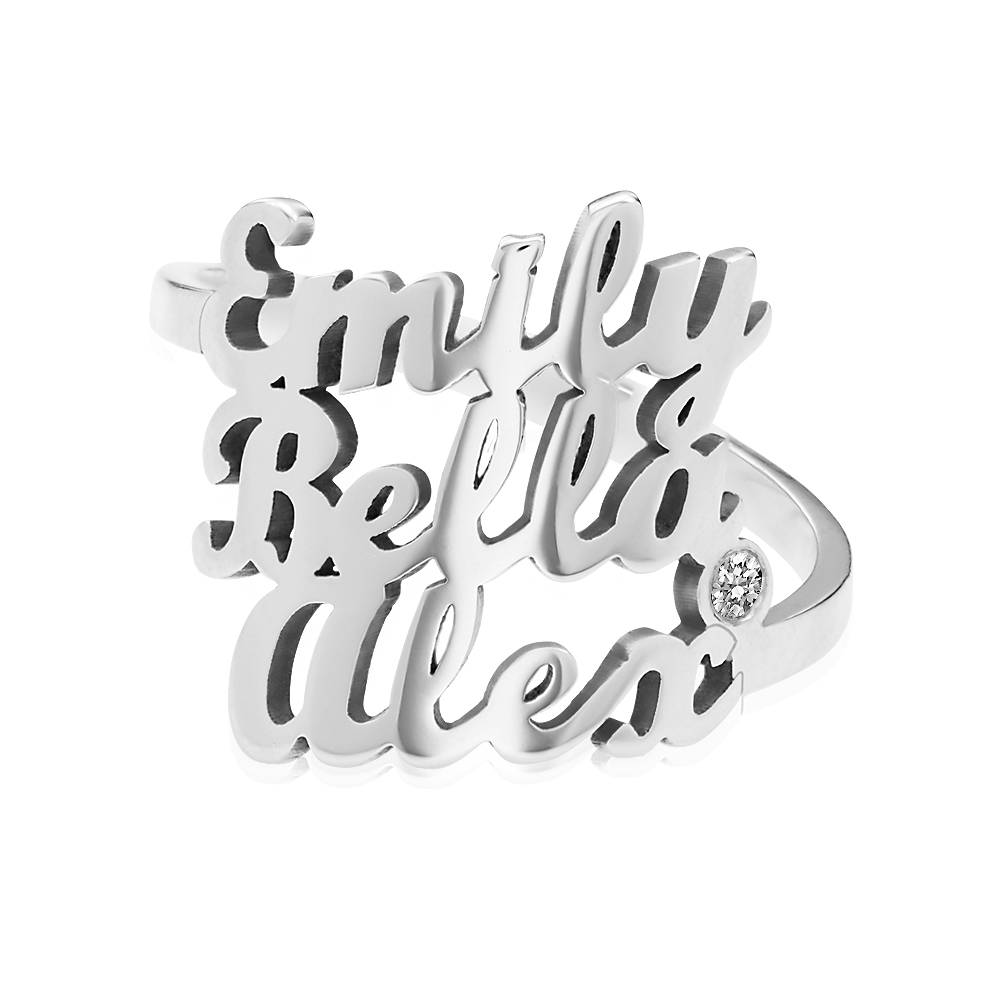 Script Ring mit drei Namen und Diamant - 925er Sterlingsilber-3 Produktfoto