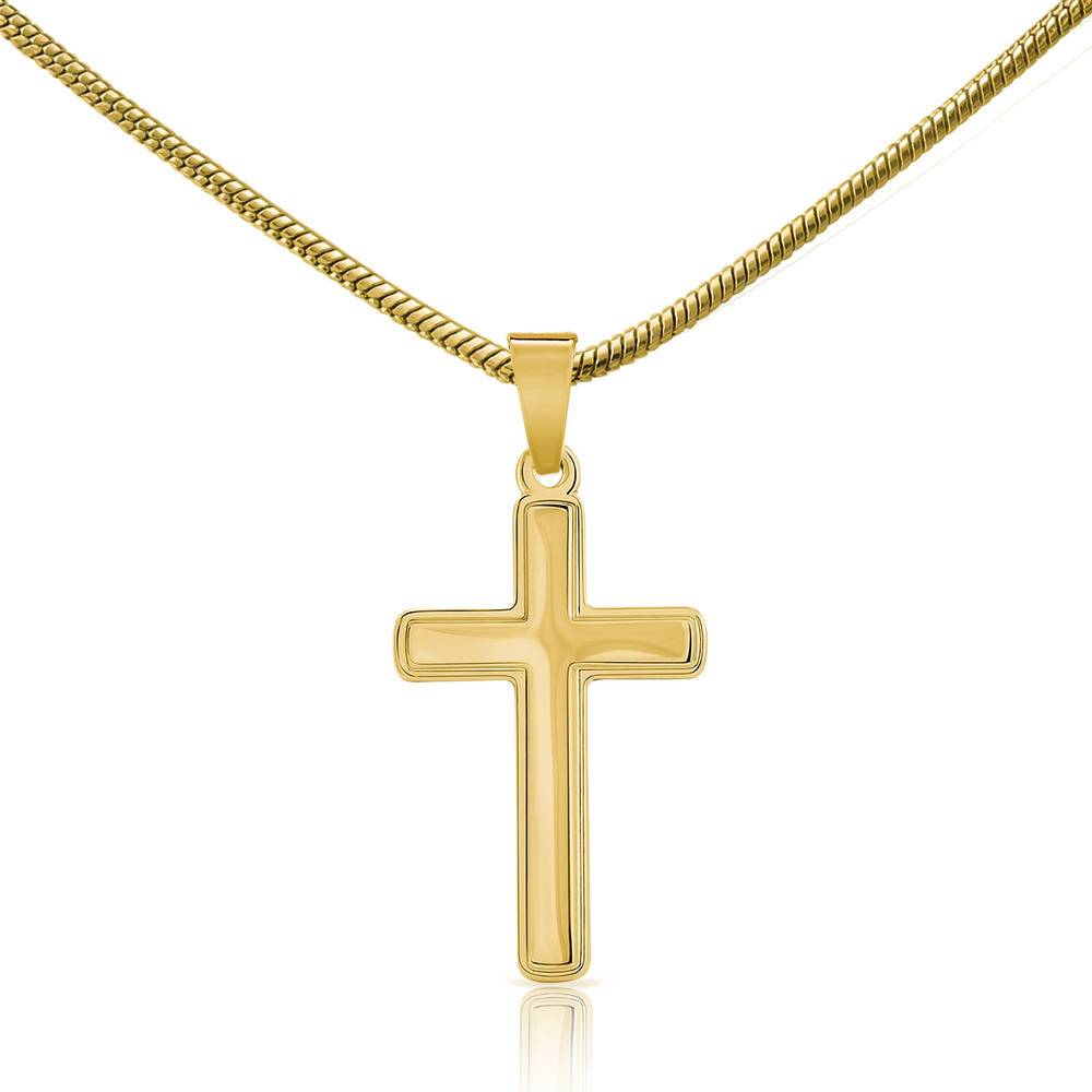Gravierter Kreuz-Anhänger mit Schlangenkette - 750er vergoldeter Edelstahl-1 Produktfoto