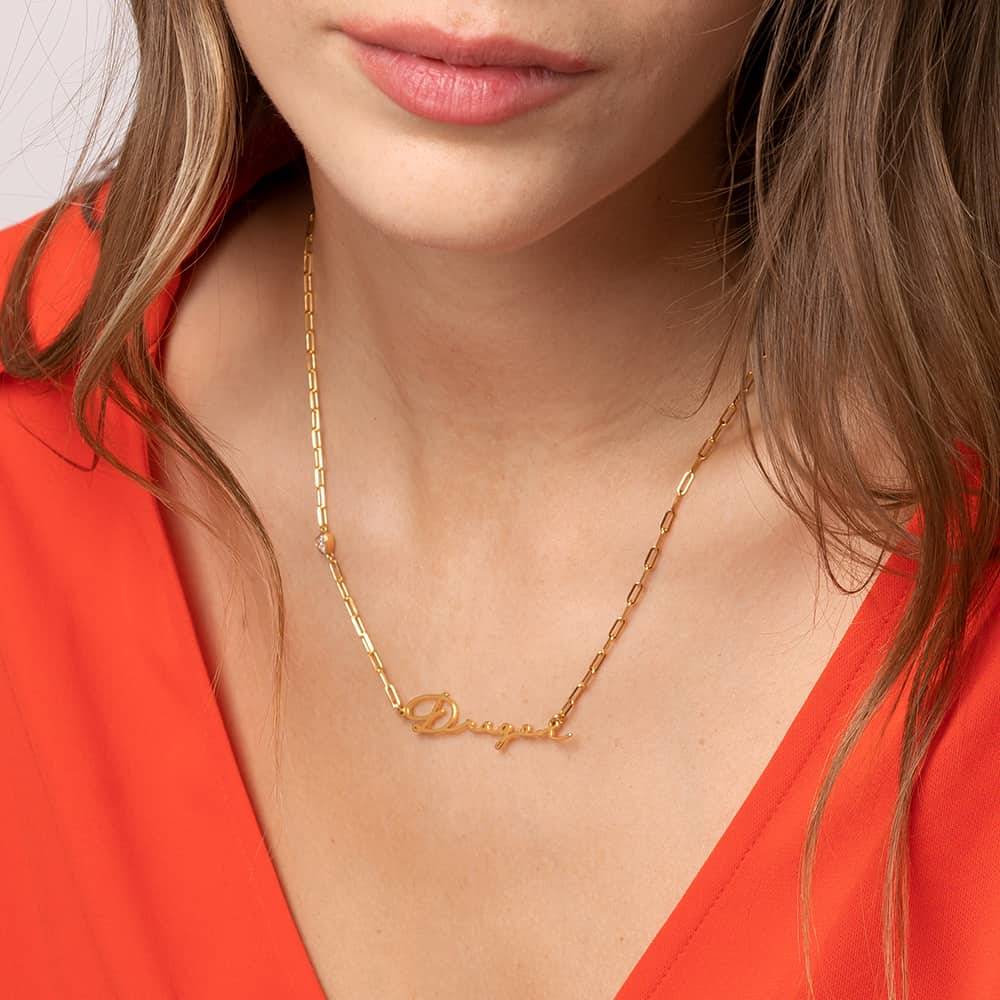 Signatur Namens-Gliederkette mit herzförmigem Diamant - Gold-Vermeil-1 Produktfoto