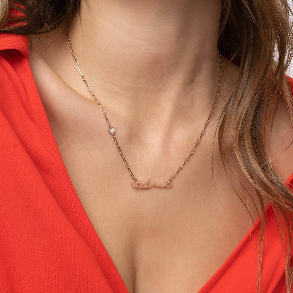 Signatur Namens-Gliederkette mit herzförmigem Diamant - rosévergoldetes Sterlingsilber-4 Produktfoto