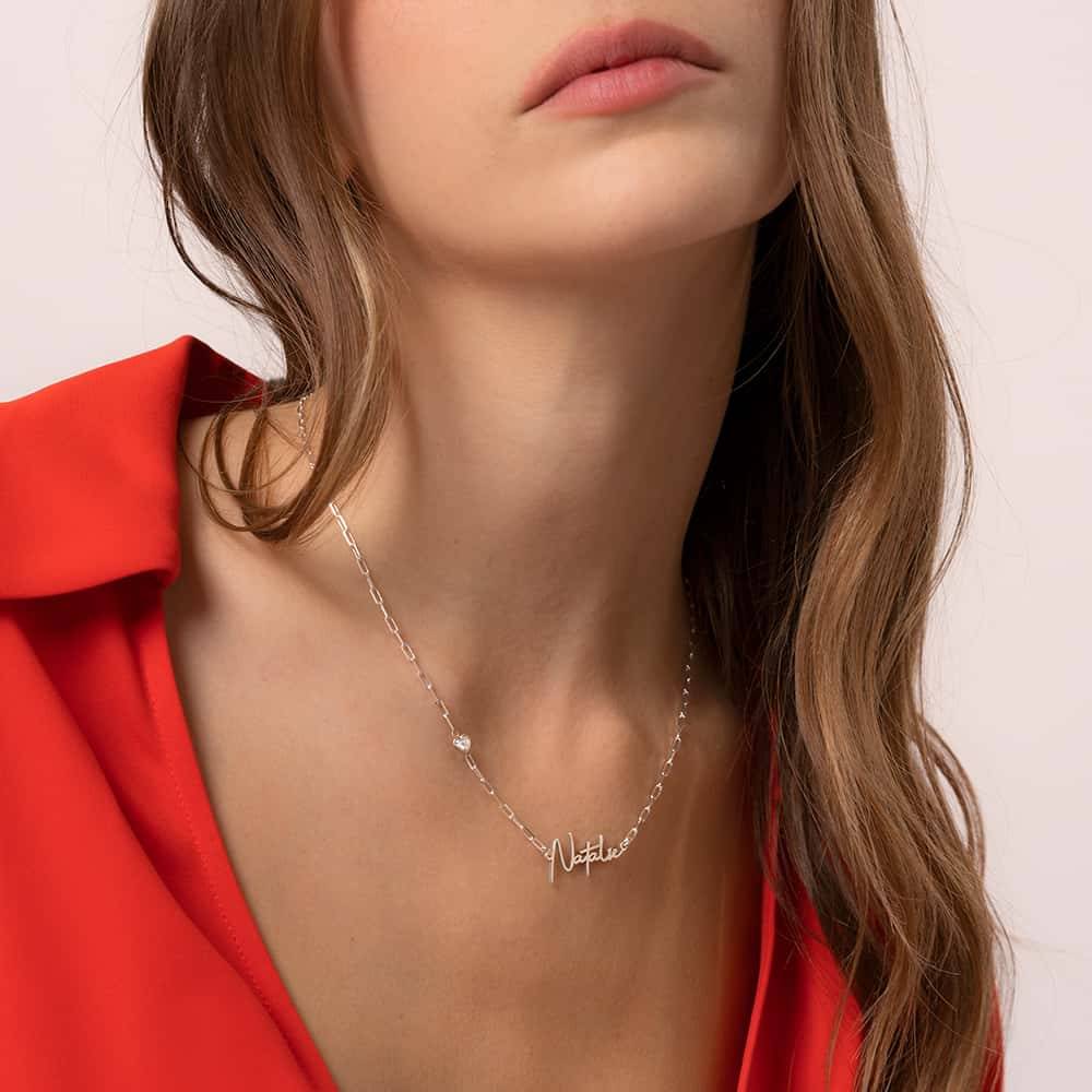 Signatur Namens-Gliederkette mit herzförmigem Diamant - 925er Sterlingsilber-4 Signatur Namens-Gliederkette mit herzförmigem Diamant - 925er Sterlingsilber-4 Produktfoto