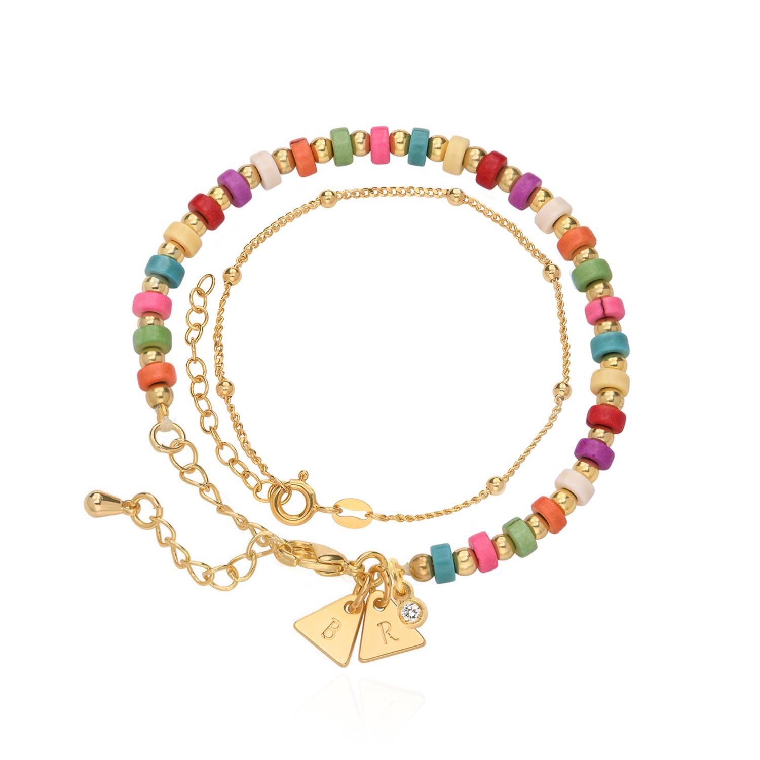 Tropisches Lagenlookset - Perlenarmband / Fußkettchen mit Initialen und 0,05 ct Diamanten - vergoldetes Sterlingsilber-1 Produktfoto