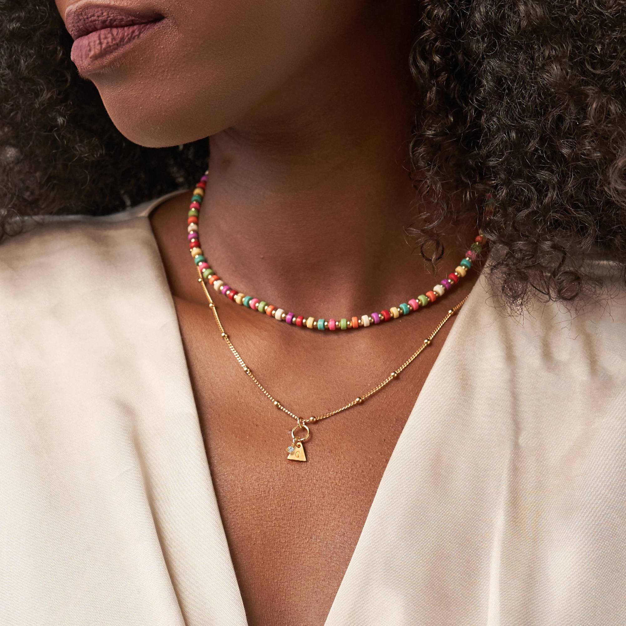Tropisches Lagenlookset Perlenkette mit Initialen und 0,10 ct Diamanten - Vergoldet-4 Produktfoto