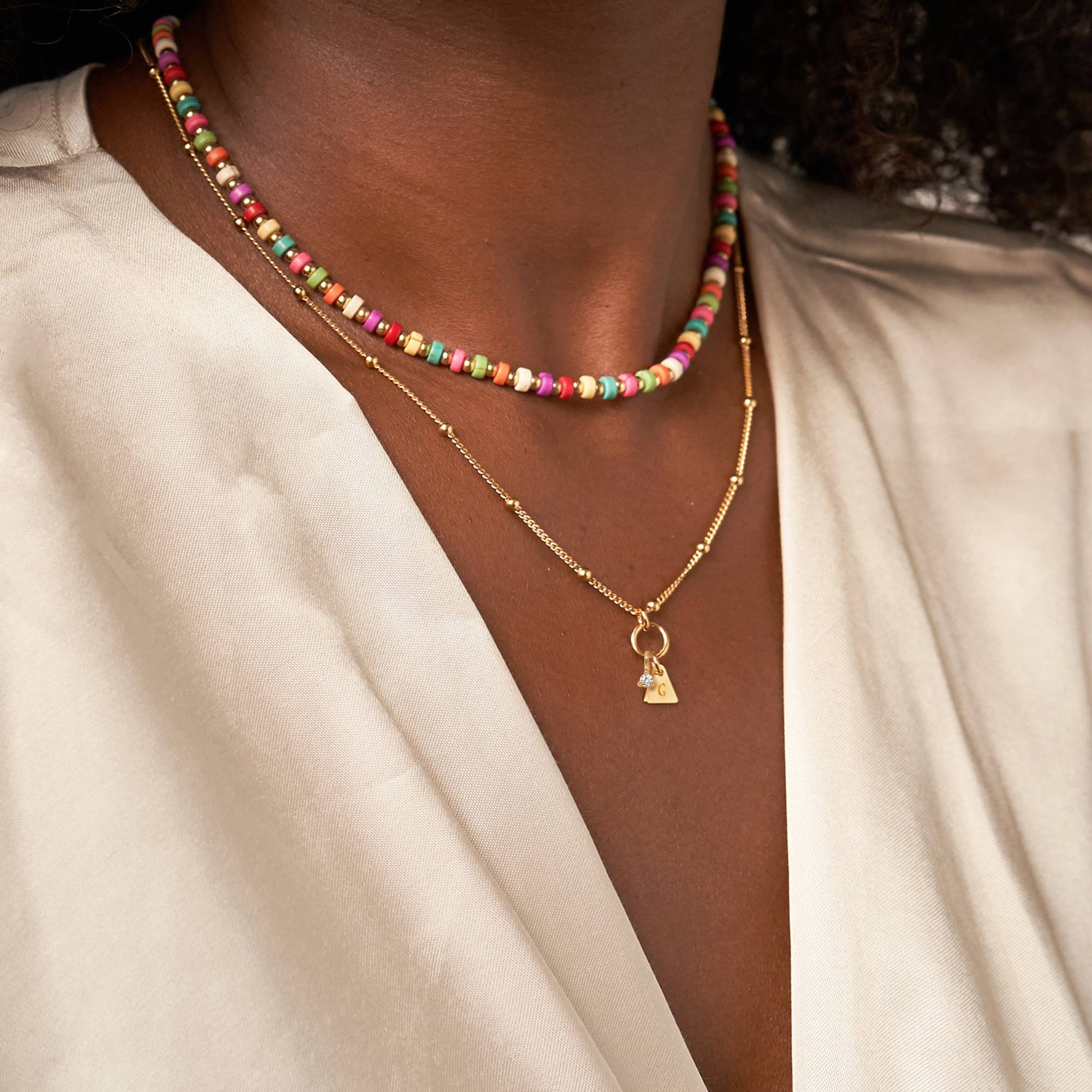 Tropisches Lagenlookset Perlenkette mit Initialen und 0,10 ct Diamanten - Vergoldet-5 Produktfoto