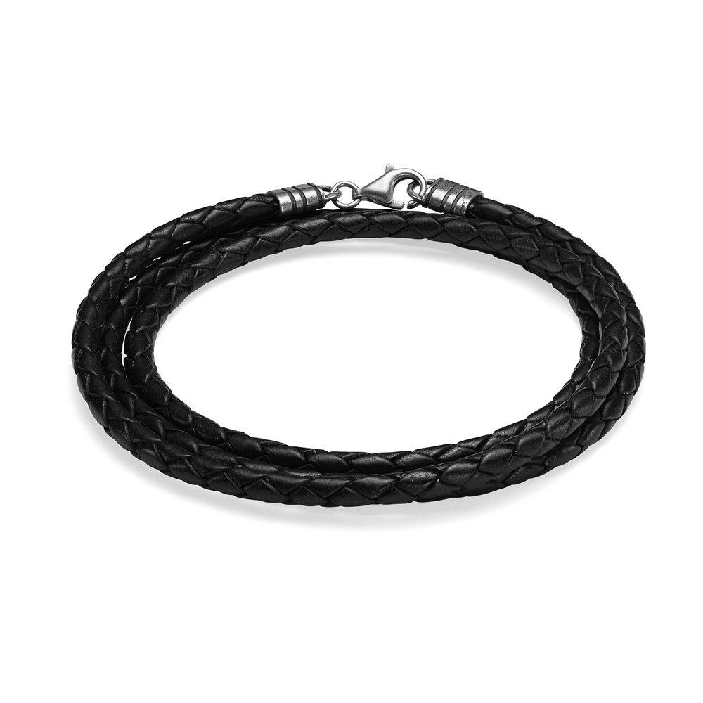 Geflochtenes schwarzes Lederarmband - Silber-1 Produktfoto