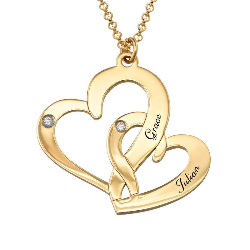 Gravierte zwei Herzen-Kette mit Diamanten - vergoldetes Sterlingsilber-1 Produktfoto