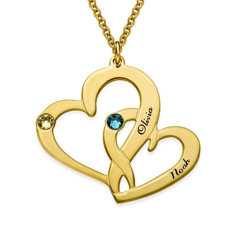 Gravierte zwei Herzen-Kette mit Geburtssteinen - Gold-Vermeil-1 Gravierte zwei Herzen-Kette mit Geburtssteinen - Gold-Vermeil-1 Produktfoto