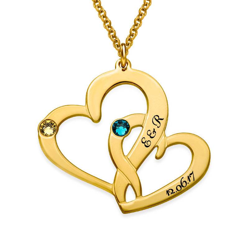 Gravierte zwei Herzen-Kette mit Geburtssteinen - Gold-Vermeil-2 Gravierte zwei Herzen-Kette mit Geburtssteinen - Gold-Vermeil-2 Produktfoto