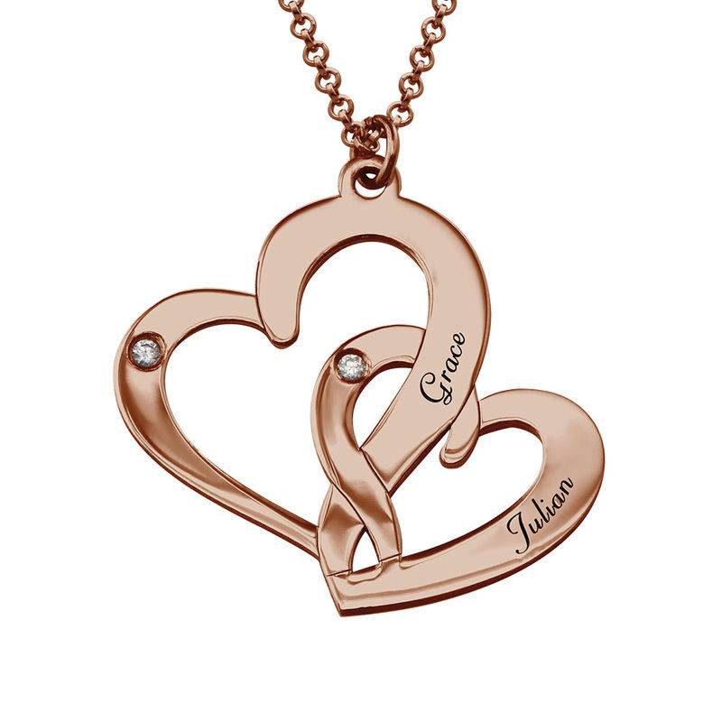 Gravierte zwei Herzen-Kette mit Diamanten - rosévergoldetes Sterlingsilber-1 Gravierte zwei Herzen-Kette mit Diamanten - rosévergoldetes Sterlingsilber-1 Produktfoto
