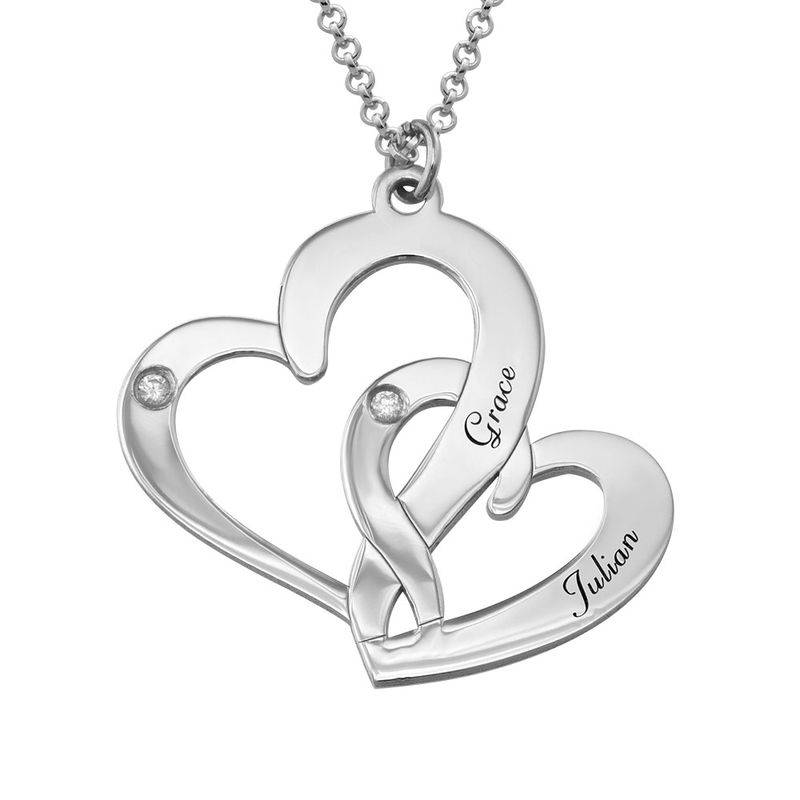 Gravierte zwei Herzen-Kette mit Diamanten - 925er Sterlingsilber-1 Produktfoto