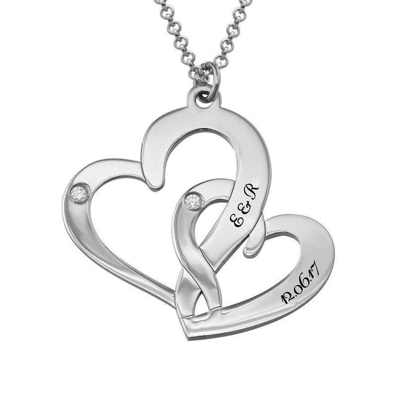 Gravierte zwei Herzen-Kette mit Diamanten - 925er Sterlingsilber-2 Produktfoto