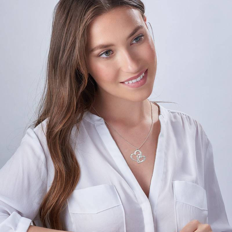 Gravierte zwei Herzen-Kette mit Diamanten - 925er Sterlingsilber-3 Produktfoto