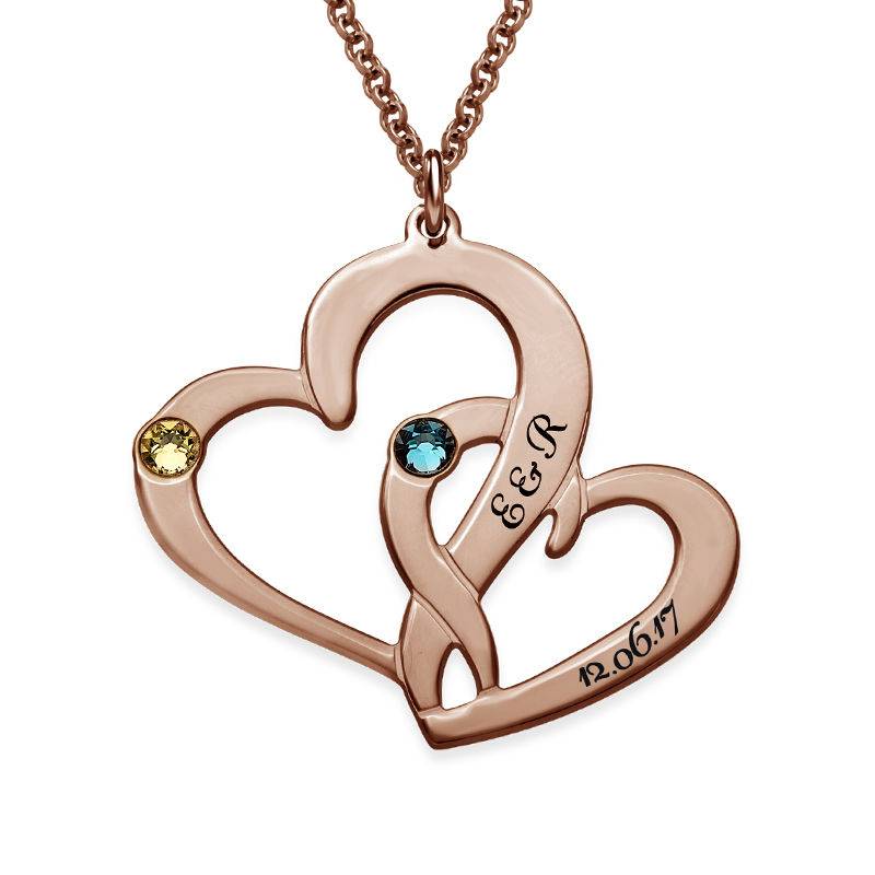 Gravierte zwei Herzen-Kette mit Geburtssteinen - rosévergoldetes Sterlingsilber-2 Gravierte zwei Herzen-Kette mit Geburtssteinen - rosévergoldetes Sterlingsilber-2 Produktfoto