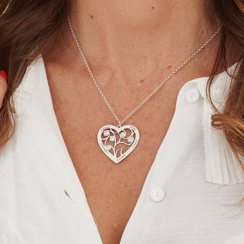 Familienbaum-Kette in Herzform mit Diamanten - Silber-2 Produktfoto