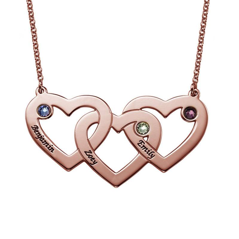Kette mit drei verschlungenen Herzen und Geburtssteinen - rosévergoldetes Sterlingsilber-4 Produktfoto