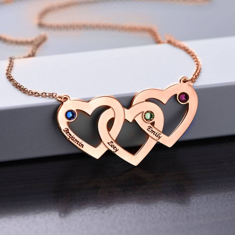 Kette mit drei verschlungenen Herzen und Geburtssteinen - rosévergoldetes Sterlingsilber-3 Produktfoto