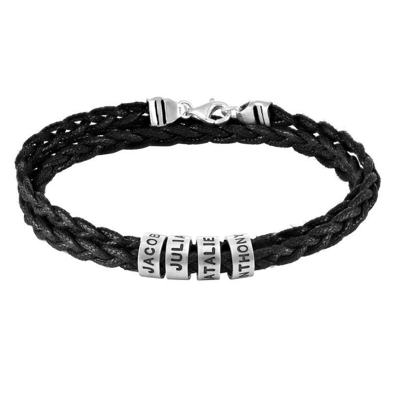 Schwarzes geflochtenes Lederarmband mit gravierten silbernen Beads-6 Schwarzes geflochtenes Lederarmband mit gravierten silbernen Beads-6 Produktfoto
