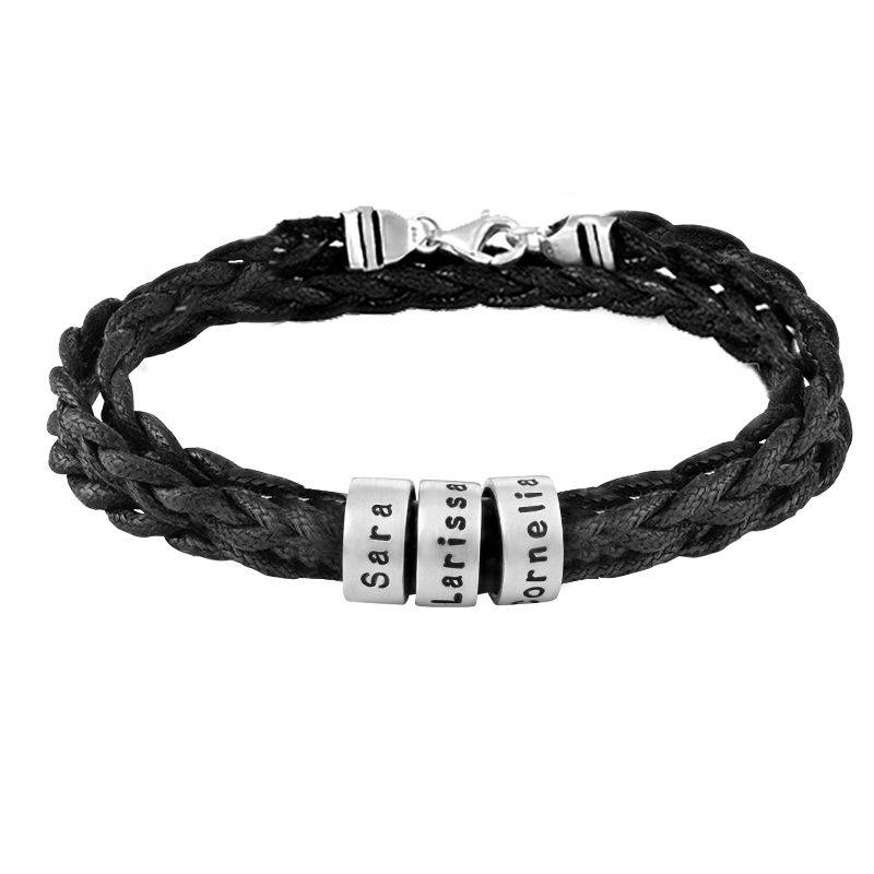 Schwarzes geflochtenes Lederarmband mit gravierten silbernen Beads-7 Schwarzes geflochtenes Lederarmband mit gravierten silbernen Beads-7 Produktfoto