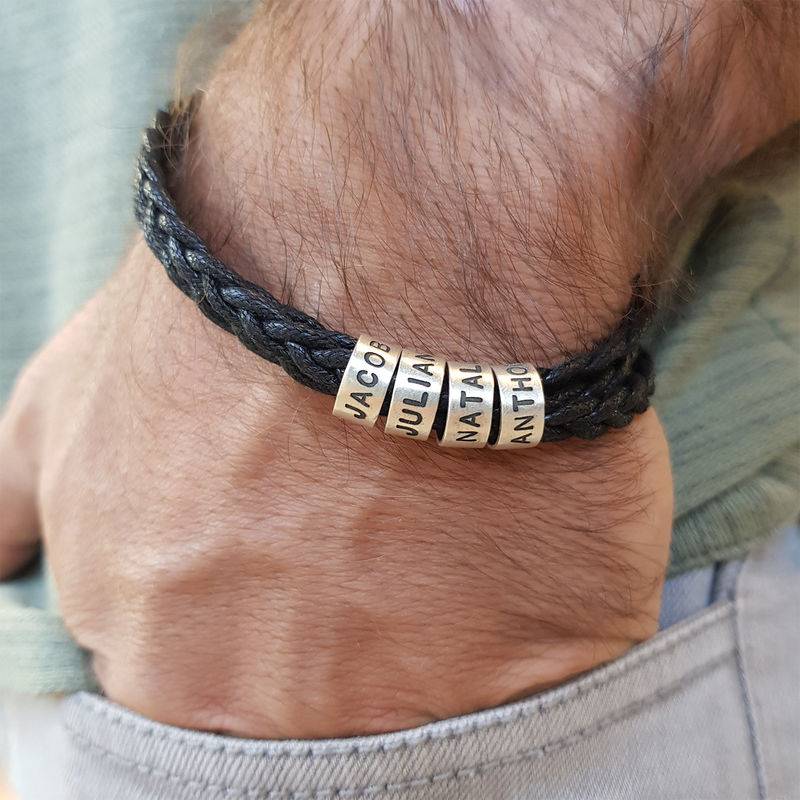 Schwarzes geflochtenes Lederarmband mit gravierten silbernen Beads-9 Schwarzes geflochtenes Lederarmband mit gravierten silbernen Beads-9 Produktfoto
