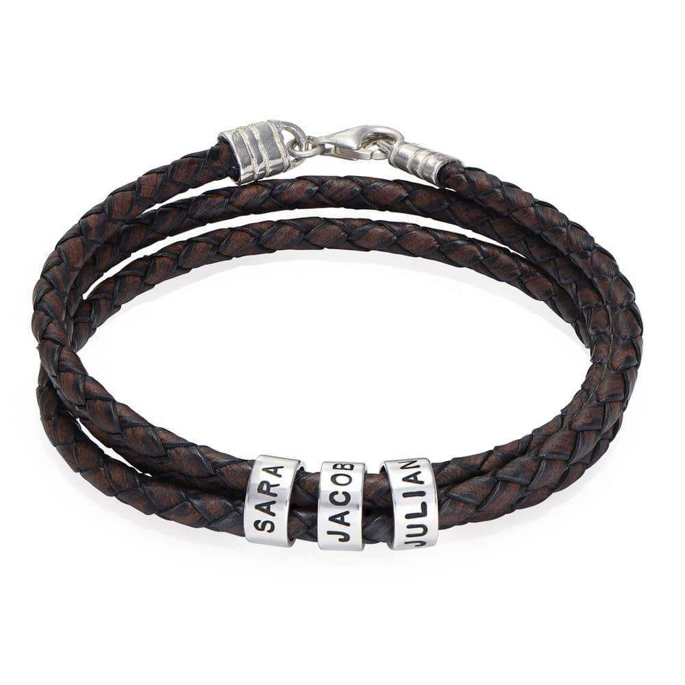 Navigator braunes geflochtenes Lederarmband mit gravierten silbernen Beads-1 Produktfoto