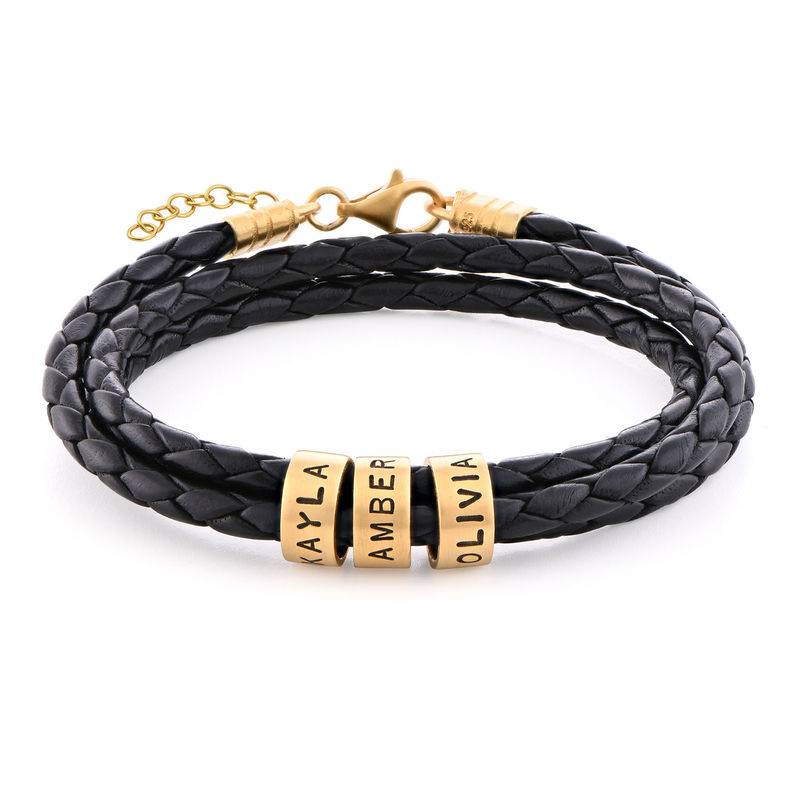Schwarzes geflochtenes Lederarmband mit gravierten vergoldeten Beads für Frauen-1 Produktfoto