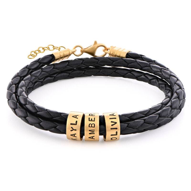 Schwarzes geflochtenes Lederarmband mit gravierten Vermeil-Beads für Frauen-1 Produktfoto