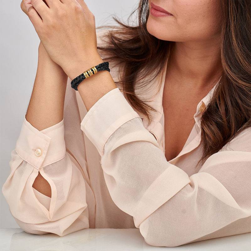 Schwarzes geflochtenes Lederarmband mit gravierten Vermeil-Beads für Frauen-2 Produktfoto