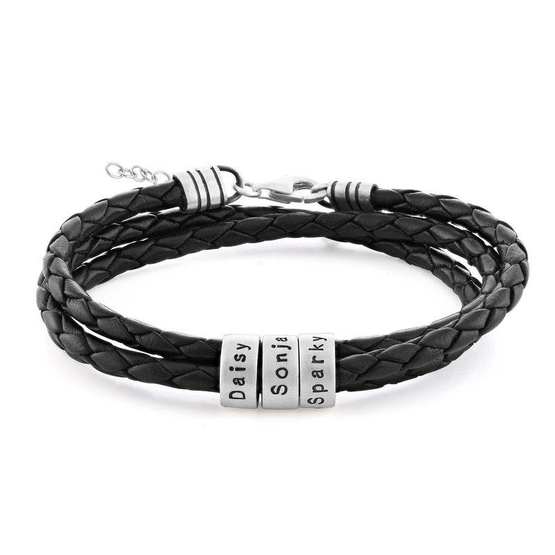 Schwarzes geflochtenes Lederarmband mit gravierten silbernen Beads für Frauen-1 Schwarzes geflochtenes Lederarmband mit gravierten silbernen Beads für Frauen-1 Produktfoto