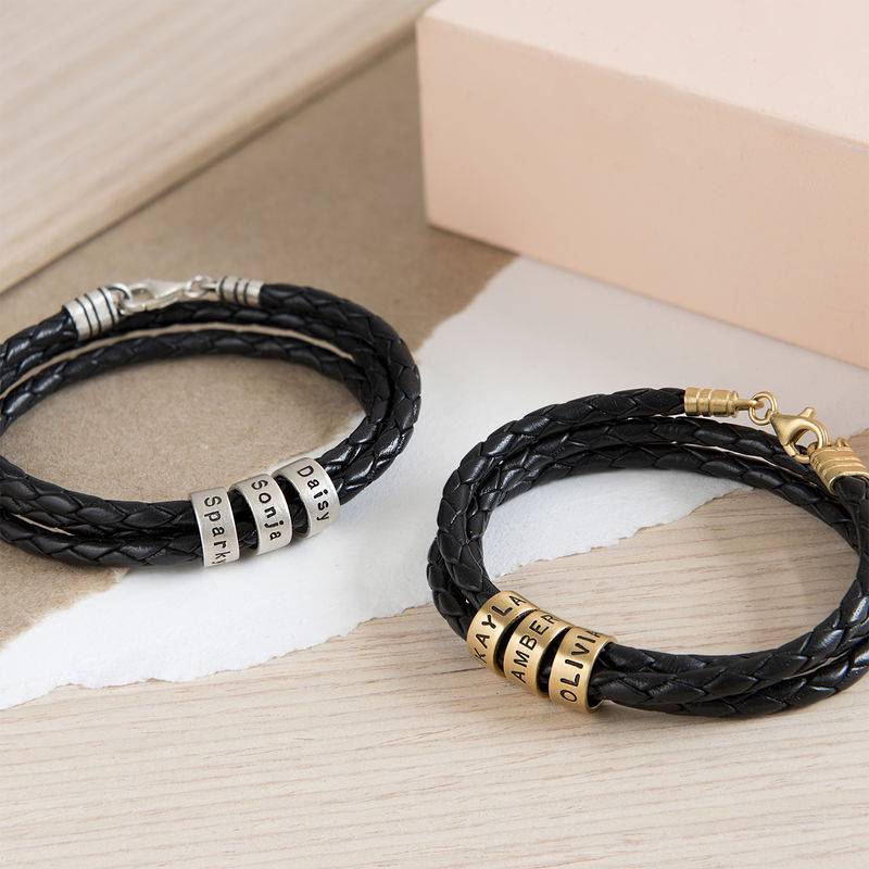 Schwarzes geflochtenes Lederarmband mit gravierten silbernen Beads für Frauen-5 Schwarzes geflochtenes Lederarmband mit gravierten silbernen Beads für Frauen-5 Produktfoto