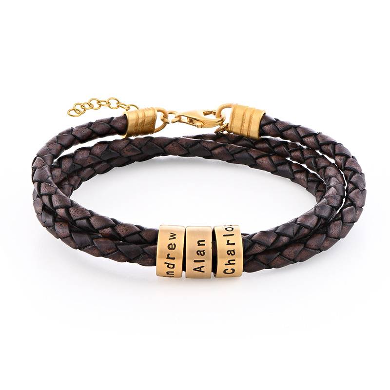 Braunes geflochtenes Lederarmband mit gravierten vergoldeten Beads für Frauen-1 Braunes geflochtenes Lederarmband mit gravierten vergoldeten Beads für Frauen-1 Produktfoto