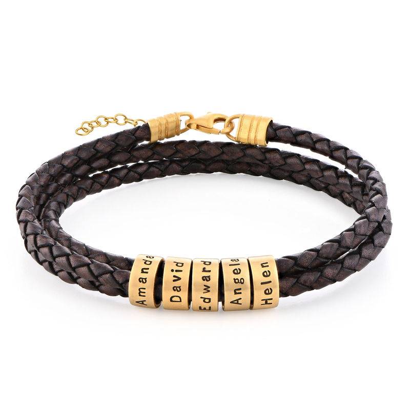 Braunes geflochtenes Lederarmband mit gravierten Vermeil-Beads für Frauen-1 Produktfoto
