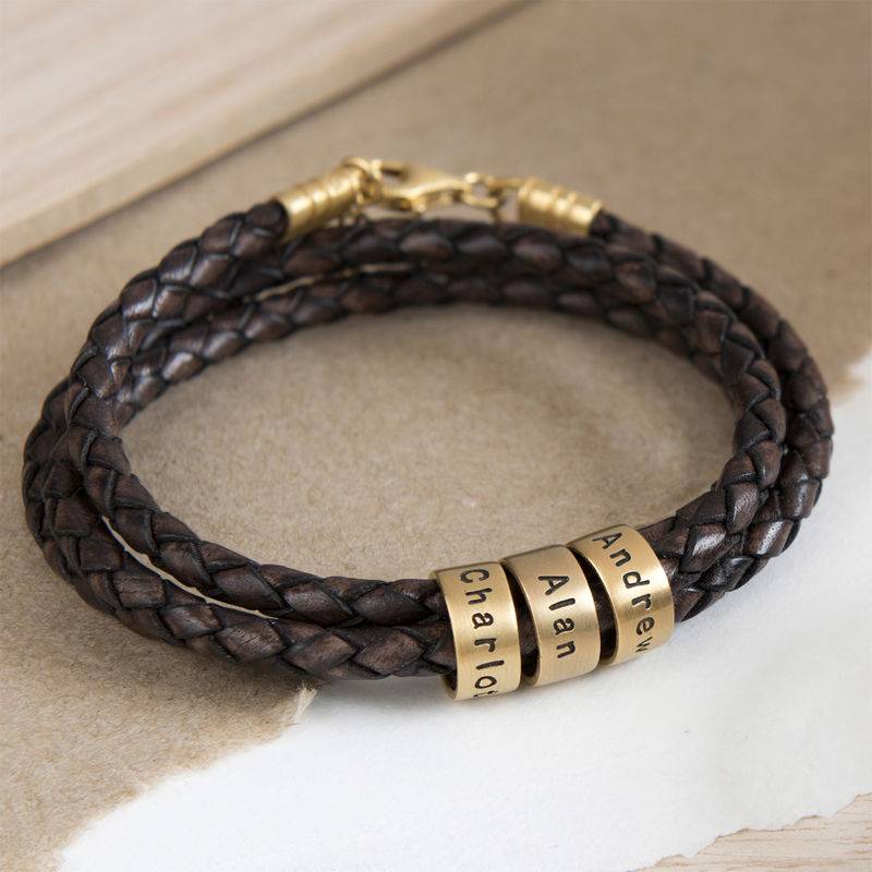 Braunes geflochtenes Lederarmband mit gravierten Vermeil-Beads für Frauen-5 Produktfoto