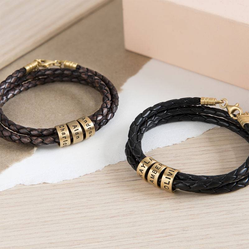 Braunes geflochtenes Lederarmband mit gravierten Vermeil-Beads für Frauen-6 Produktfoto