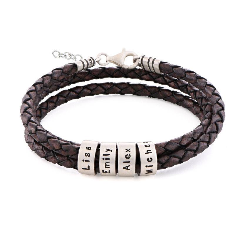 Braunes geflochtenes Lederarmband mit gravierten silbernen Beads für Frauen-1 Produktfoto