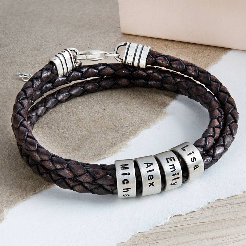 Braunes geflochtenes Lederarmband mit gravierten silbernen Beads für Frauen-5 Produktfoto