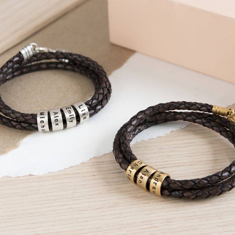 Braunes geflochtenes Lederarmband mit gravierten silbernen Beads für Frauen-6 Produktfoto